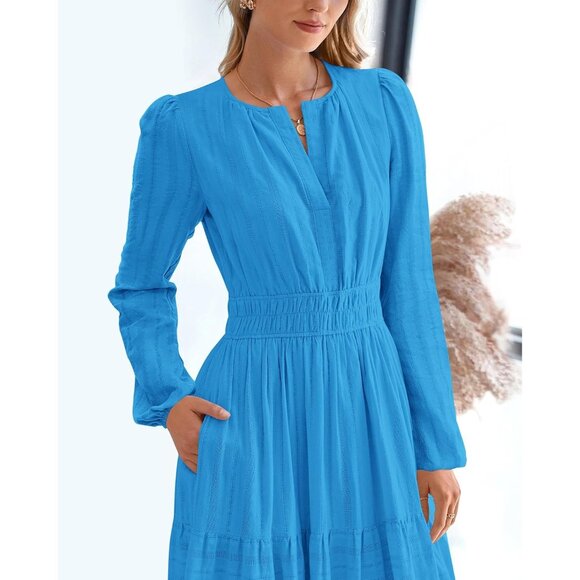 Women Brilliant Blue Long Sleeve V Neck Elastic Waist Maxi Dress With Pockets - Picture 6 of 8